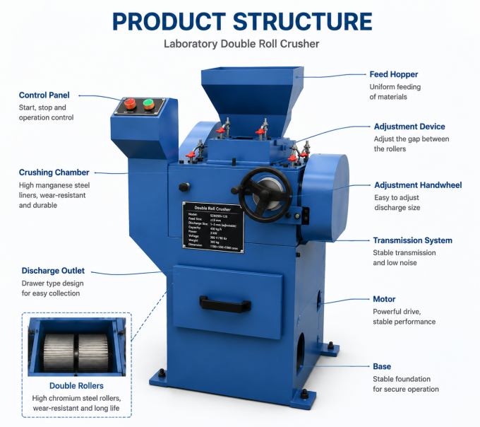 Close-up view of SZΦ250 Laboratory Double Roll Crusher features and controls